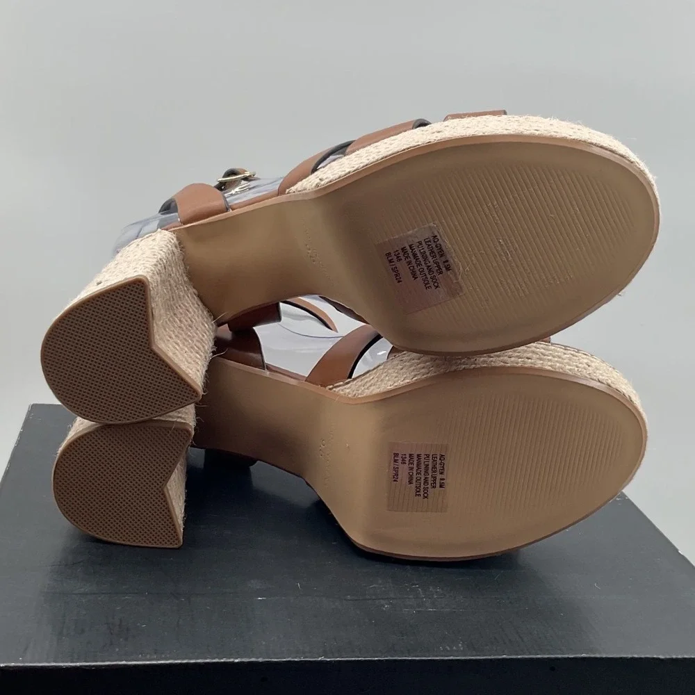 Aqua Gyen Womens Cognac Leather Platform Espadrille Block Heel Sandals AQ-GYEN